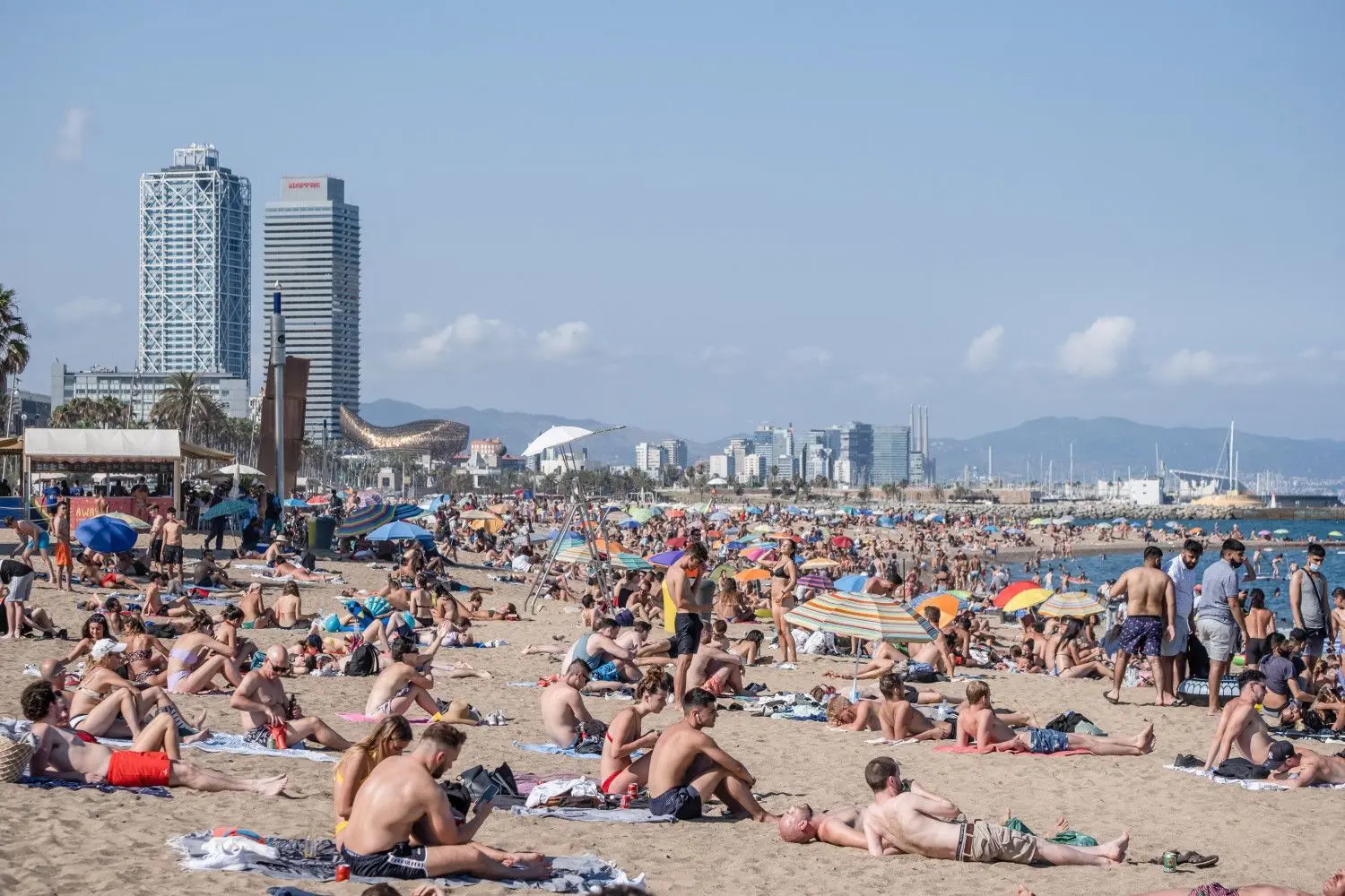 Menschen sonnen sich an einem Strand in Barcelona. Spanien ist vom Coronavirus besonders stark betroffen.