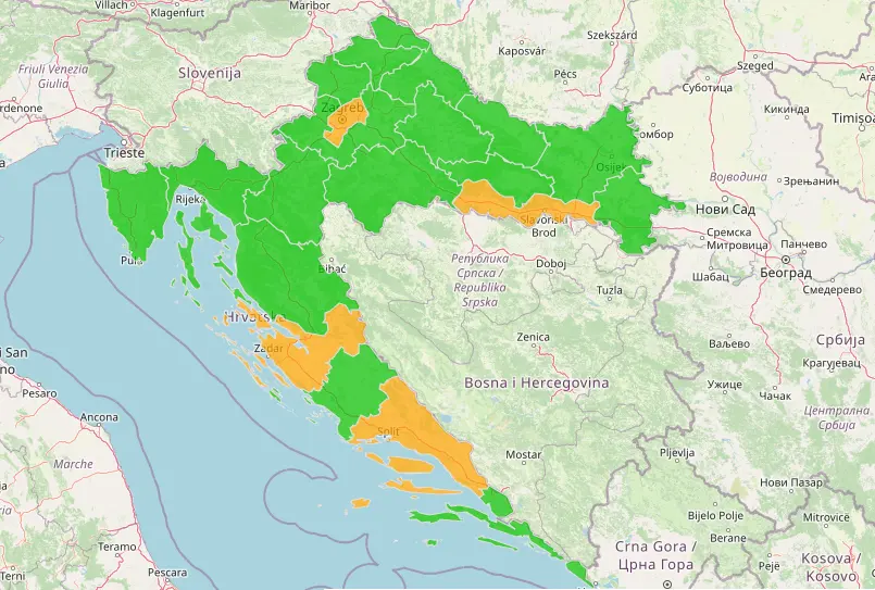 Die Karte zeigt an, welche Regionen Kroatiens besonders von dem Virus betroffen sind.