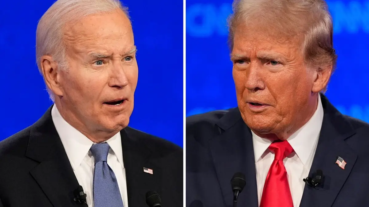 Wahlkampf in den USA - TV-Duell Biden Trump: 27.06.2024, USA, Atlanta: Diese Fotokombination zeigt den ehemaligen US-Präsidenten Donald Trump (r) und US-Präsident Joe Biden während einer von CNN veranstalteten Präsidentschaftsdebatte. Foto: Gerald Herbert/AP +++ dpa-Bildfunk +++