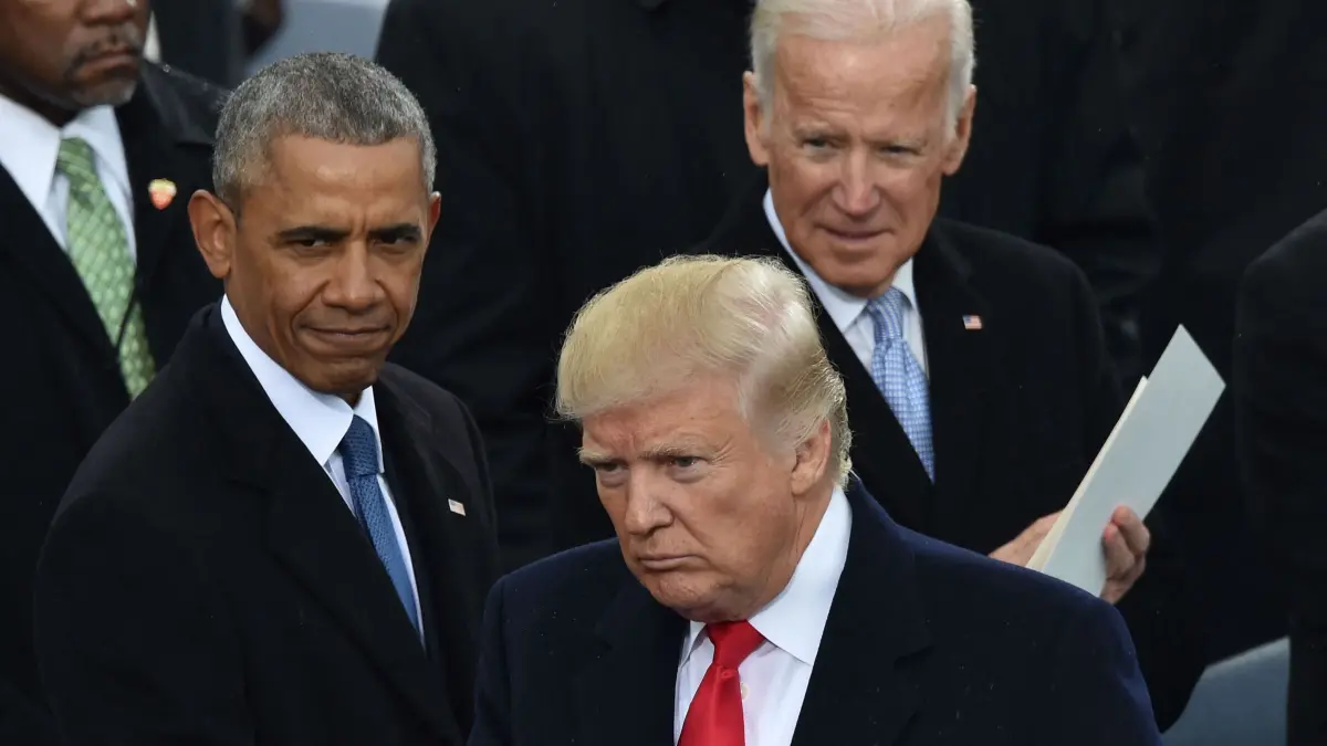 (FILES) Former US President Barack Obama (L) and Vice President Joe Biden (R) attend the inauguration ceremony of President Donald Trump (C) at the US Capitol in Washington, DC, on January 20, 2017. Former US president Barack Obama has told allies that Joe Biden needs to reconsider his reelection bid, the Washington Post reported on July 18, 2024. Obama believes that Biden's path to victory has diminished and that the 81-year-old should "seriously consider the viability of his candidacy," the newspaper said, citing people briefed on his thinking. (Photo by Paul J. RICHARDS / AFP)