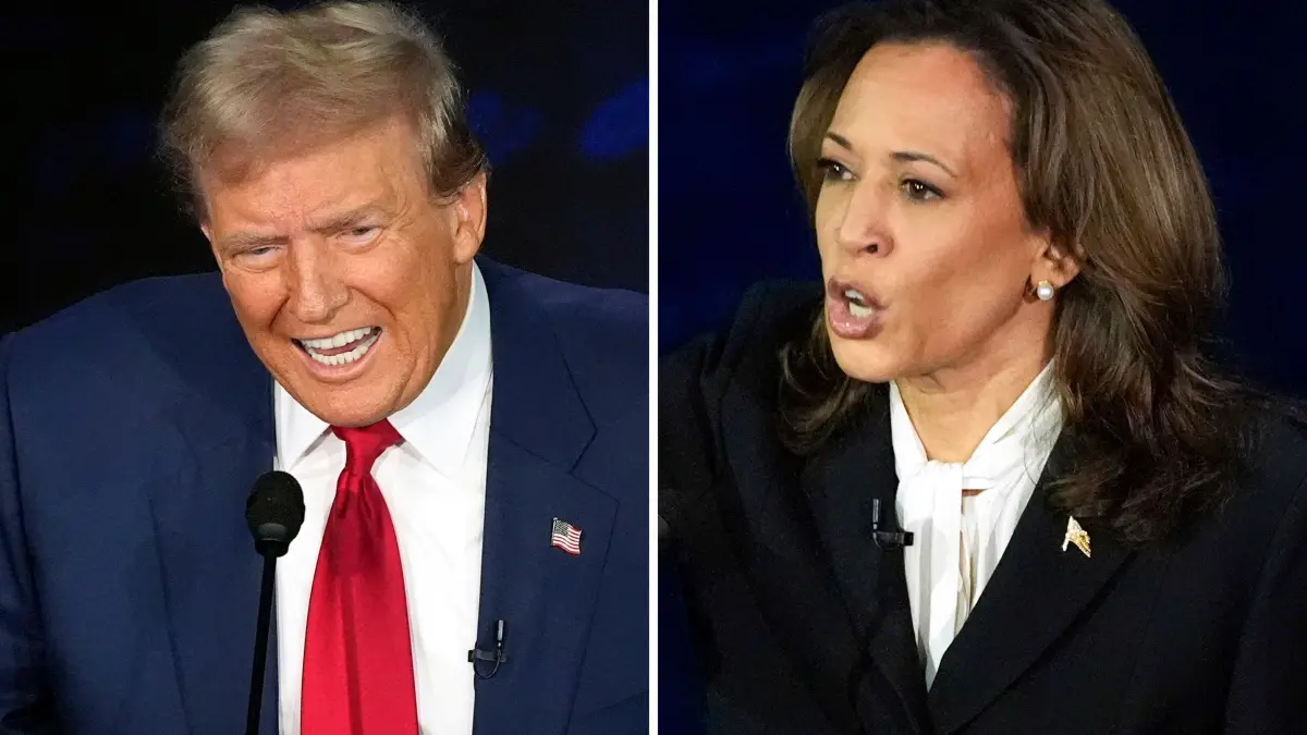 Wahlkampf USA - TV-Duell Harris Trump: 10.09.2024, USA, Philadelphia: Diese Fotokombination zeigt den republikanischen Präsidentschaftskandidaten und ehemaligen US-Präsidenten Donald Trump und die demokratische Präsidentschaftskandidatin und US-Vizepräsidentin Kamala Harris während einer ABC News Präsidentschaftsdebatte im National Constitution Center. Foto: Alex Brandon/AP/dpa +++ dpa-Bildfunk +++