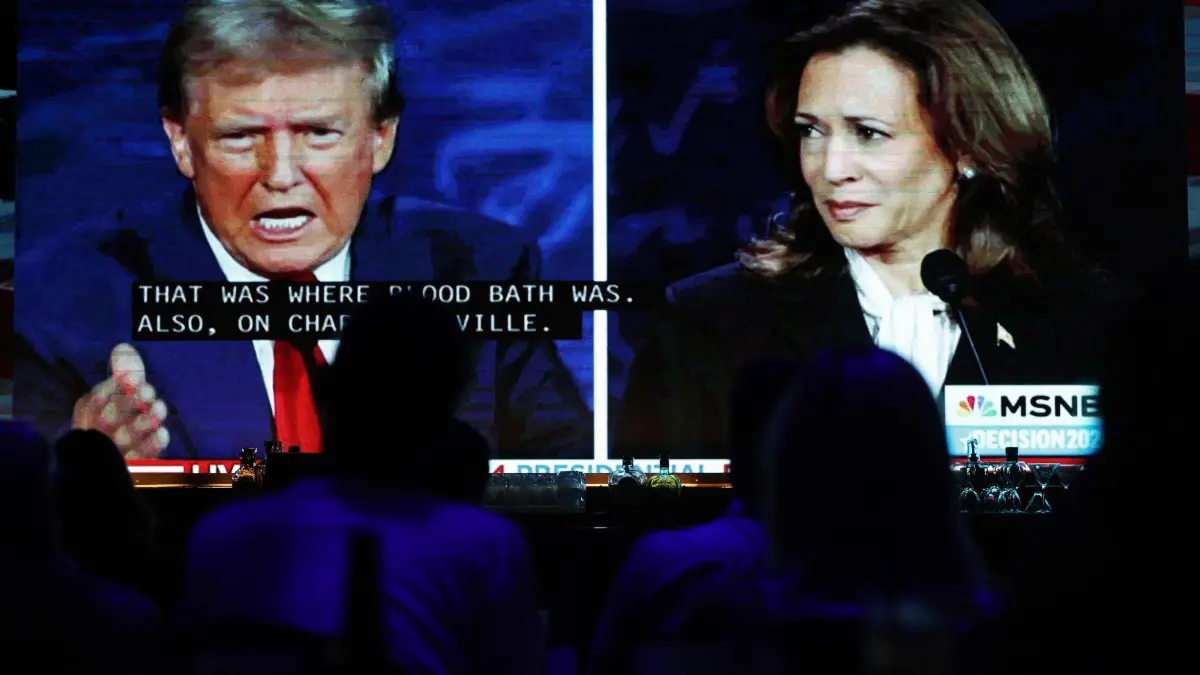 Americans Watch The First Debate Between Donald Trump And Kamala Harris: WEST HOLLYWOOD, CALIFORNIA - SEPTEMBER 10: People watch the ABC News presidential debate between Democratic presidential nominee, U.S. Vice President Kamala Harris and Republican presidential nominee, former U.S. President Donald Trump at a debate watch party at The Abbey, an iconic gay bar, on September 10, 2024 in West Hollywood, California. Harris and Trump are facing off in their first presidential debate of the 2024 presidential cycle. Mario Tama/Getty Images/AFP (Photo by MARIO TAMA / GETTY IMAGES NORTH AMERICA / Getty Images via AFP)