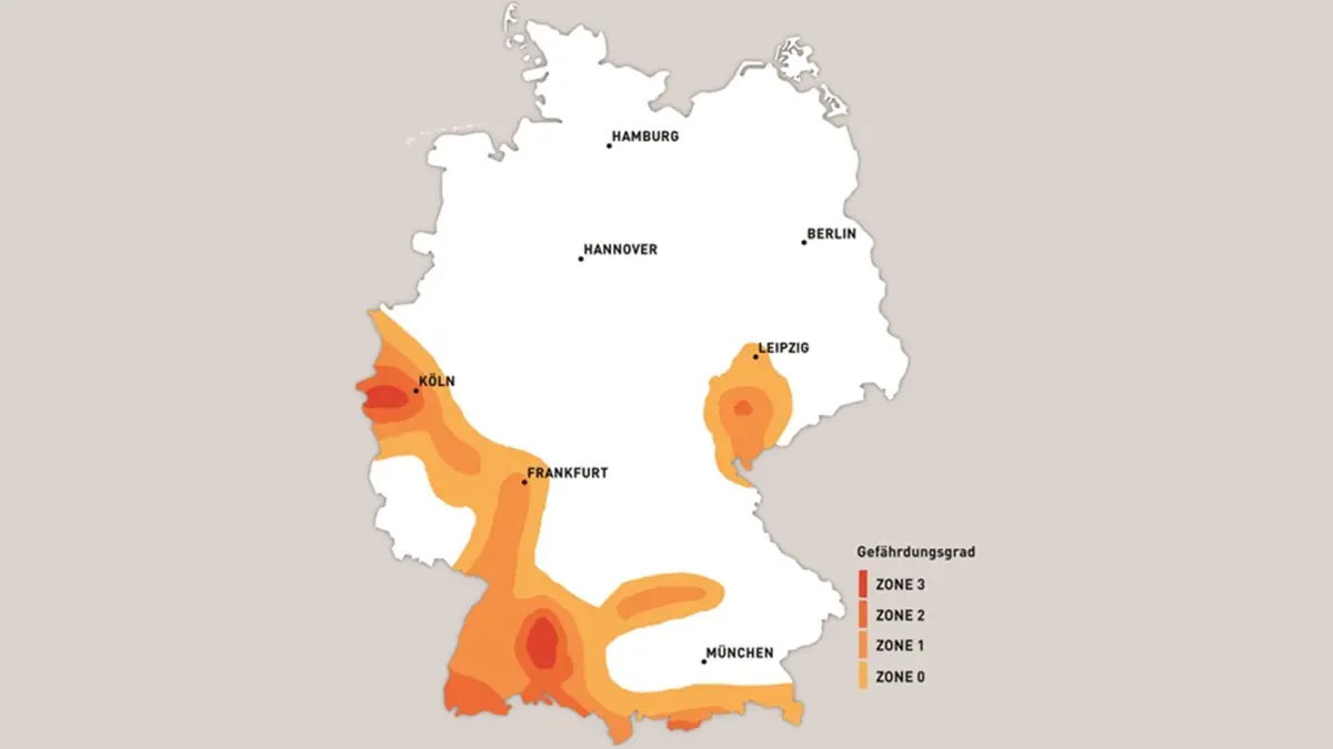 Die Karte der Erdbebenzonen gibt Auskunft, wo in Deutschland Beben zu erwarten sind. Dargestellt sind die Flächenbereiche der Erdbebenzonen 0 bis 3, die auch den Gefährdungsgraden entsprechen. Die Zone 3 steht dabei für die Regionen mit der größten Erdbebengefährdung.