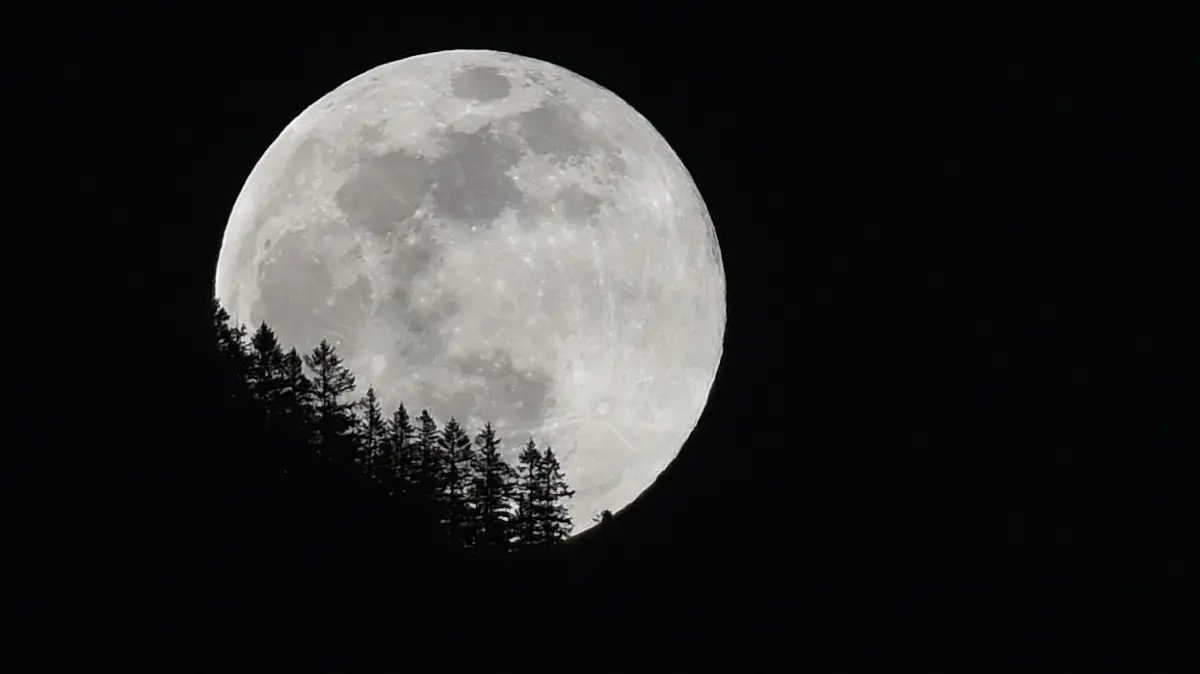 19.02.2019, Bayern, Mittenwald: Der Vollmond geht hinter dem Karwendel auf. Foto: Angelika Warmuth/dpa +++ dpa-Bildfunk +++