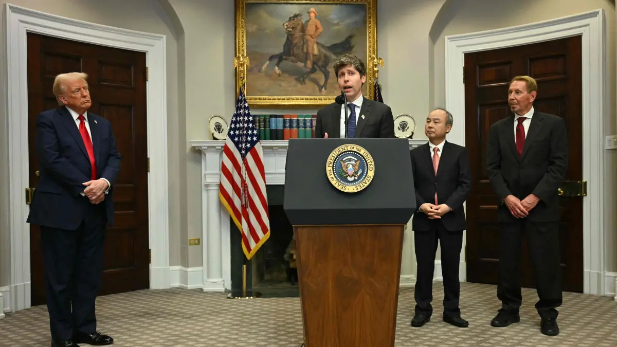 US President Trump delivers remarks in the Roosevelt Room at the White House: US President Trump (L), Masayoshi Son (2R), Chairman and CEO of SoftBank Group Corp, Larry Ellison (R), Executive Charmain Oracle listen to Sam Altman, CEO of Open AI speak in the Roosevelt Room of the White House on January 21, 2025, in Washington, DC. (Photo by Jim WATSON / AFP)