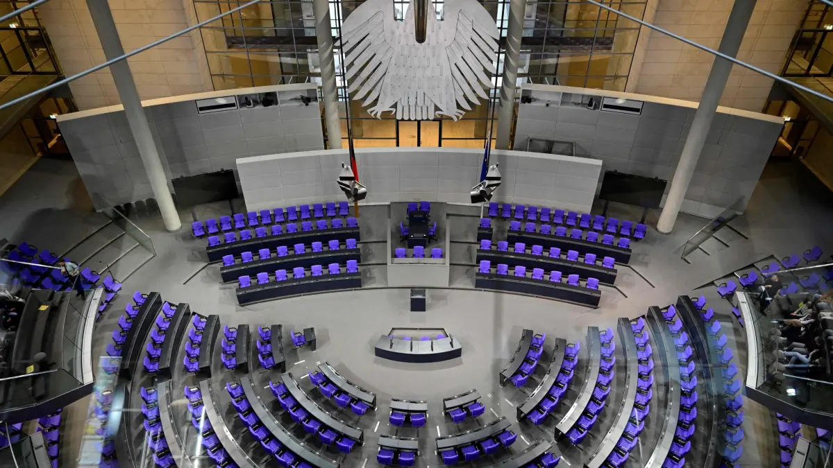 (FILES) This general overview shows the plenary hall of the German Bundestag (lower house of parliament) in Berlin on November 12, 2024. Germany holds parliamentary elections on February 23, 2025. (Photo by John MACDOUGALL / AFP)