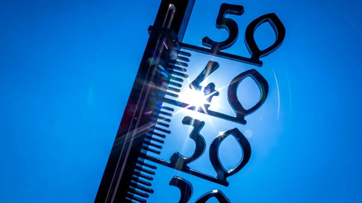Hitze: ARCHIV - 19.07.2022, Mecklenburg-Vorpommern, Schwerin: Ein Außenthermometer in einem Kleingarten zeigt die Temperatur von knapp 40 Grad an. (zu dpa: «Meiste Hitzewarnungen für Süden von Rheinland-Pfalz») Foto: Jens Büttner/dpa +++ dpa-Bildfunk +++