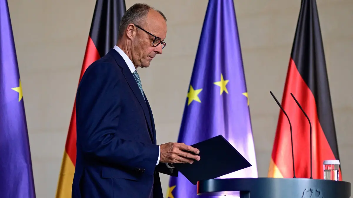German Chancellor Friedrich Merz arrives to make a statement to journalists following a meeting of the security Cabinet of the German government at the Chancellery in Berlin on July 28, 2025. (Photo by John MACDOUGALL / AFP) / ALTERNATIVE CROP