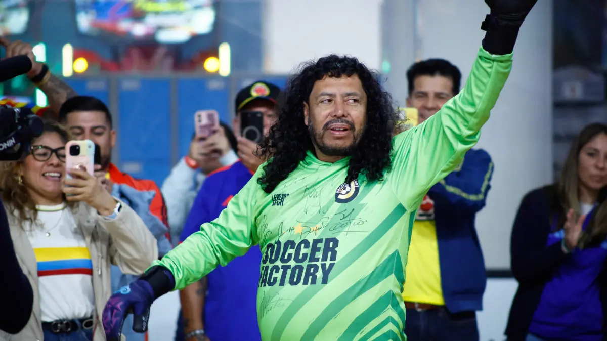 Colombian former professional football goalkeeper Rene Higuita participates in the Legends Soccer Match celebrating Diego Maradona’s birthday at the American Dream Mall in East Rutherford, New Jersey, on October 30, 2025. (Photo by kena betancur / AFP)
