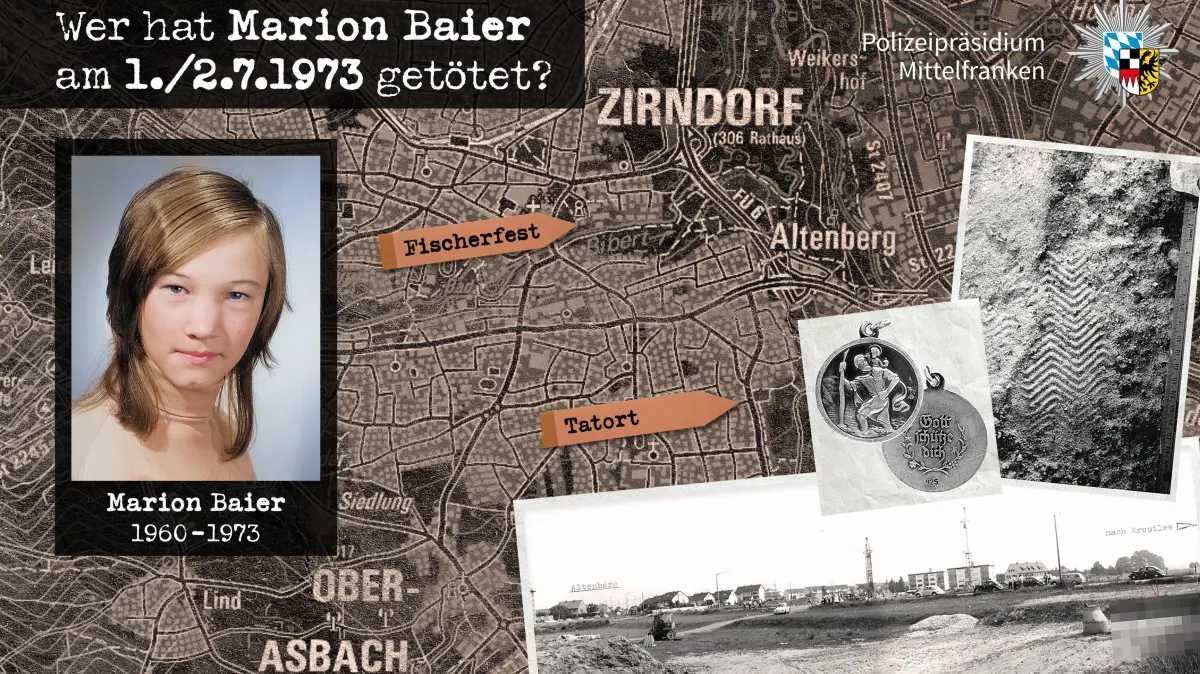 Der Fahndungsaufruf des Polizeipräsidiums Mittelfranken mit einem Bild von Marion Baier, einer Karte der Örtlichkeiten und Fotos von wichtigen Gegenstenden bzw. Orten.