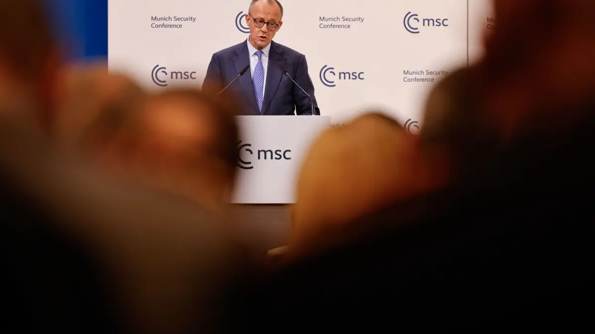 German Chancellor Friedrich Merz gives the opening speech of the 62nd Munich Security Conference (MSC) on February 13, 2026 in Munich, southern Germany. Heads of state and government as well as foreign and defence ministers from all over the world are expected to attend the security policy talks from February 13 to 15, 2026. (Photo by Alexandra BEIER / AFP)