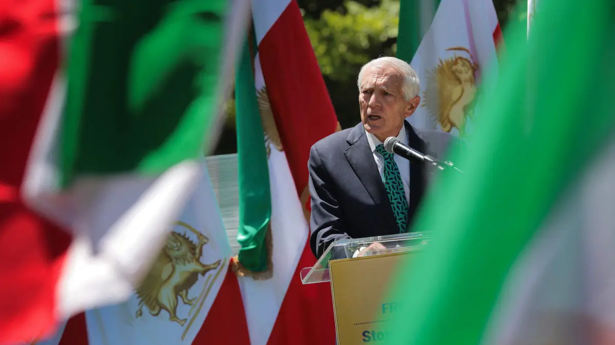 Iranian-Americans Rally In Washington For Democratic Change In Iran: WASHINGTON, DC - MAY 16: Former NATO Supreme Allied Commander, retired U.S. General Wesley Clark speaks to supporters of Iranian dissident politician Maryam Rajavi as they rally near the U.S. Capitol for the overthrow of the Islamic revolutionary government on May 16, 2026 in Washington, DC. Hosted by the Organization of Iranian American Communities, the event brought together Iranian Americans, members of Congress, former U.S. officials, former political prisoners, women’s rights activists, and others to protest political executions in Iran and advocate for democracy in the wake of the United States and Israel's starting a war with Iran on February 28. Chip Somodevilla/Getty Images/AFP (Photo by CHIP SOMODEVILLA / GETTY IMAGES NORTH AMERICA / Getty Images via AFP)