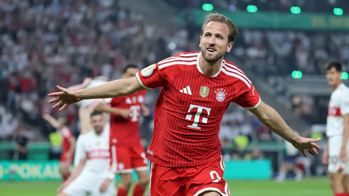 BAU // Berlin , FuÃball DFB Pokal Finale 2026 , FC Bayern München vs. VfB Stuttgart , Harry Kane jubelt nach Tor zum 1:0