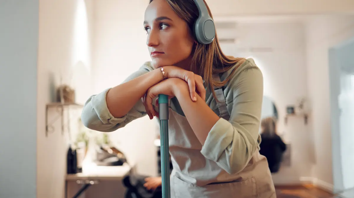 Woman, cleaning and tired with music in headphones while cleaning room in home. Cleaner, thinking and contemplating while listening to radio, podcast or streaming with rest, exhausted and burnout., model released, , property released, , 52440180.jpg, woman, cleaning, tired, music, home, room, thinking, headphones, listening, radio, phone, head, clean, rest, listen, cleaner, burnout, exhausted, contemplating, podcast, streaming, sad, entrepreneur, business, young, house, working, work, person, life, online, worker, modern, job, stress, angry, stressed, lounge, idea, career, frustrated, depressed, apartment, fear, depression, track, domestic, apron, mind, maid RECORD DATE NOT STATED