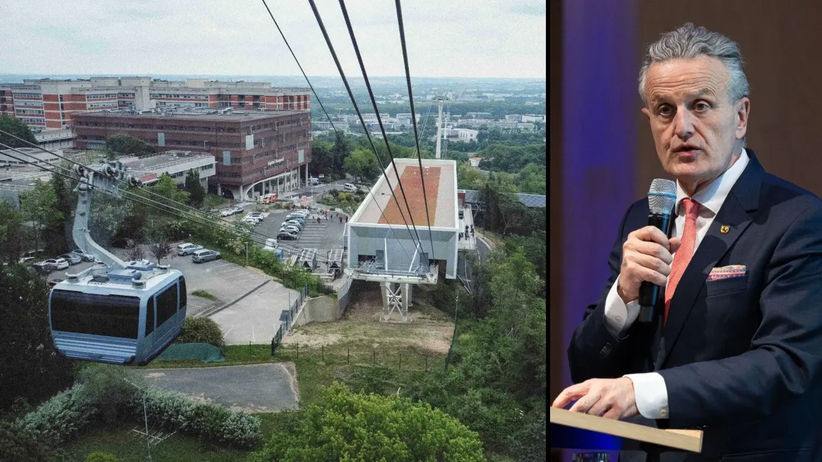 Seilbahn als Teil des öffentlichen Nahverkehrs. Die Bildkombo zeigt den Stuttgarter OB Frank Nopper und die Seilbahn in der französischen Stadt Toulouse, die unter anderem das Krankenhaus „Hopital Rangueil“ erschließt