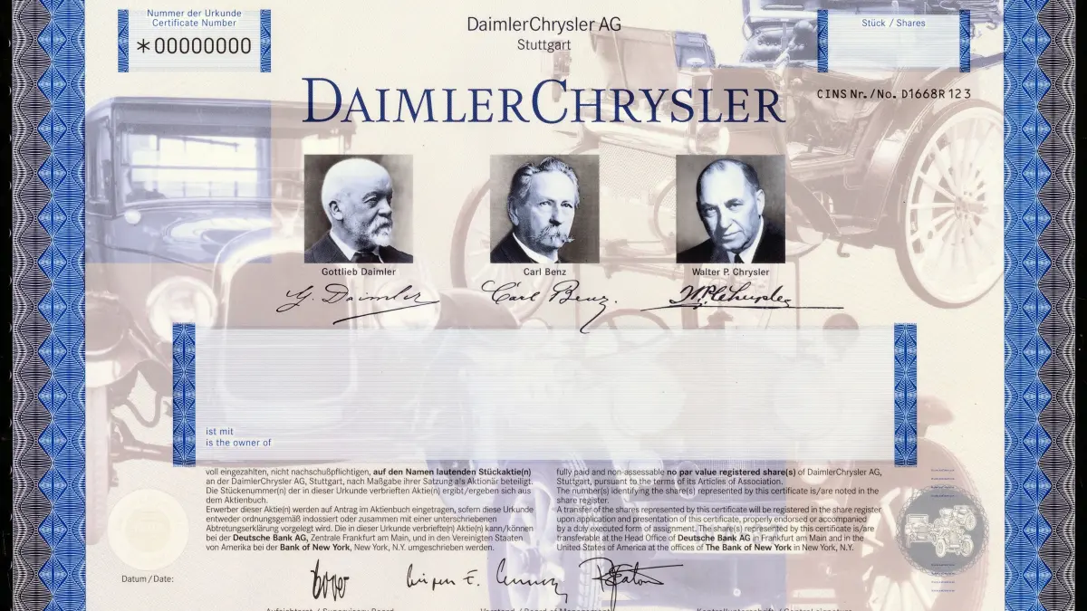 Die DaimlerChrysler Musteraktie aus dem Jahr 1998., Die DaimlerChrysler Musteraktie aus dem Jahr 1998.