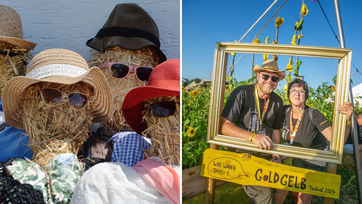Bildcollage zum Vorbericht für das Goldgelb 2026 - Musikfestival in Aichwald (Kreis Esslingen). Links aktuelles Foto vom Vorbereiten der Strohpuppen (Andreas Kaier), rechts Foto von Jürgen Zeiträg und Anita Geyer vom Festivalorganisationsteam aus 2024 (Roberto Bulgrin)