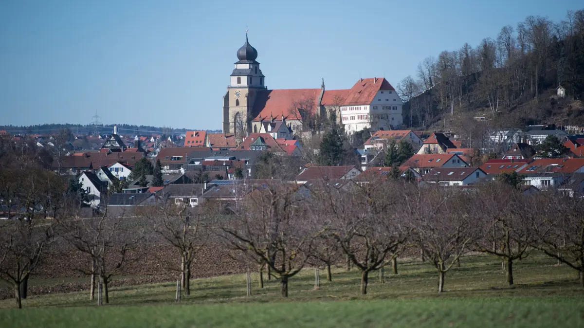 13.02.2018, Baden-Württemberg, Herrenberg: Die Stiftskirche ist über der Innenstadt zu sehen. Die Bundesregierung will angesichts einer drohenden Klage der EU-Kommission ihre Maßnahmen für saubere Luft in deutschen Städten ausweiten. Die Wirksamkeit von Maßnahmen für eine bessere Luft solle in fünf «Modellstädten» getestet werden - unter anderem in Herrenberg. Foto: Marijan Murat/dpa +++ dpa-Bildfunk +++