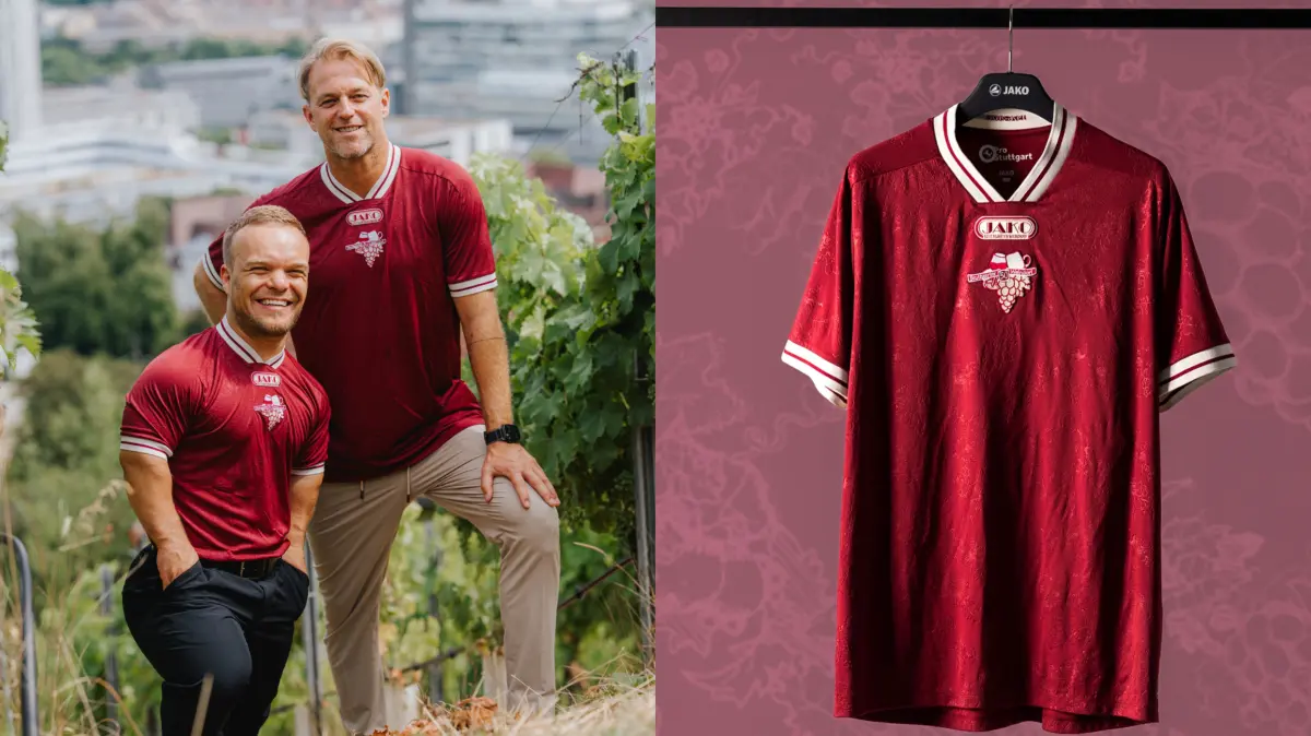 Zum 50-jährigen Jubiläum des Stuttgarter Weindorfs wurde ein besonderes Benefiztrikot gemeinsam mit Jako kreiert. Fast die Hälfte der Einnahmen geht an soziale Zwecke, wie etwa das Projekt "Kleinformat" von Niko Kappel (li.). Und auch dem Verein Stelp und Timo Hildebrand (mi.) wurde ein Trikot zur Versteigerung zur Verfügung gestellt.