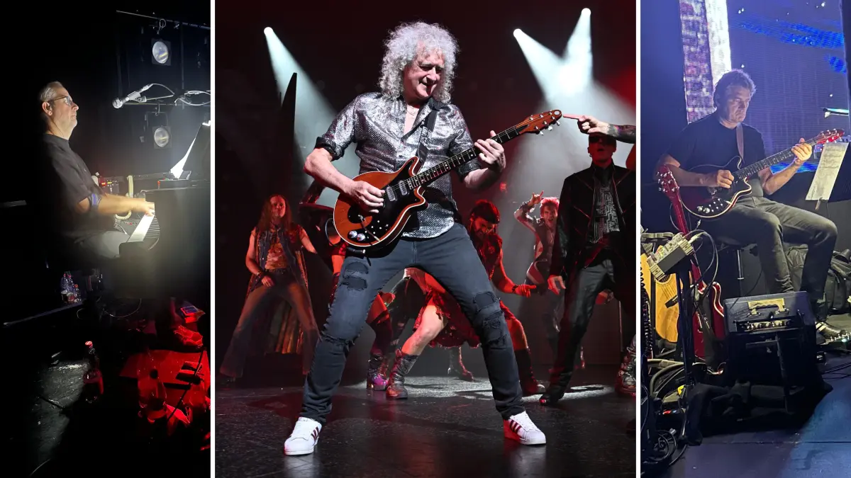 "We Will Rock You" in Stuttgart: Queen-Gitarrist Brian May auf der Bühne bei der Musicalpremiere (Mitte), links der musikalische Leiter Boris Palmer, recht Gitarrist Stefan Großegathöfer