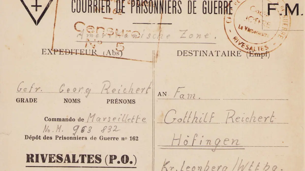 Der Kriegsgefangene Georg Reichert schreibt aus Frankreich an seine Eltern in Höfingen.