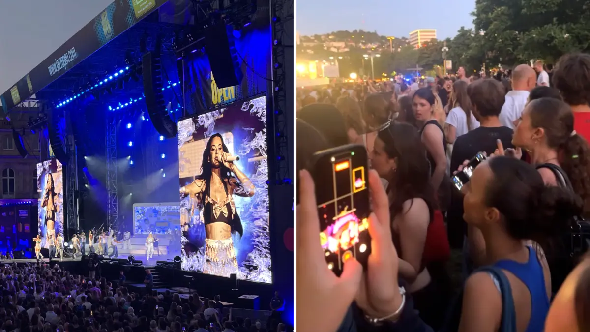 Während Katy Perry dem Publikum im Ehrenhof des Neuen Schlosses einheizte, verfolgten hunderte Fans die Show vom Schlossplatz aus mit.