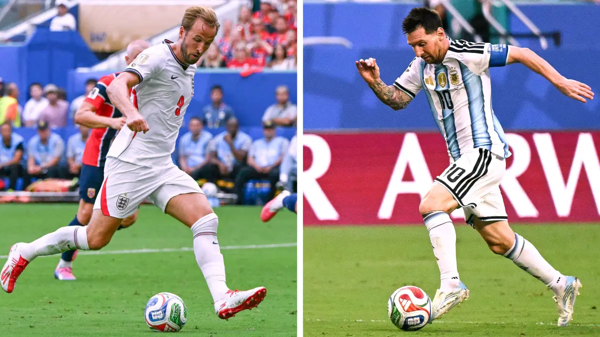 COMBO-FBL-WC-2026-MATCH102-ENG-ARG: (COMBO) This combination of file photos created on July 12, 2026, shows England's forward #09 Harry Kane in Miami on July 11, 2026 (L); and Argentina's forward #10 Lionel Messi in Miami Gardens on July 3, 2026. England and Argentina will meet in a 2026 World Cup semi-final football match at the Atlanta Stadium in Atlanta on July 15, 2026. (Photo by Roberto SCHMIDT and Chandan KHANNA / AFP)