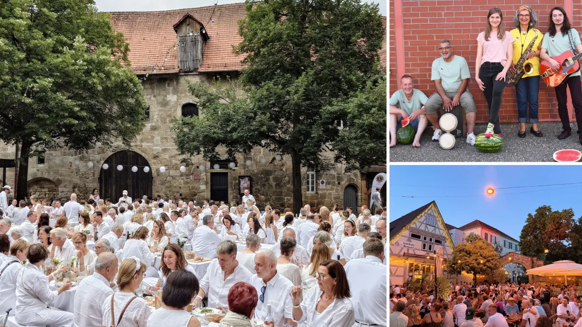 Wochenendtipps für den Kreis Esslingen (von links im Uhrzeigersinn): Das "Diner en blanc" der Lions Clubs in Esslingen, ein Konzert von "A Sound of Watermelon" in Nürtingen und Livemusik auf dem Platz der kleinen Freiheit in Kirchheim.