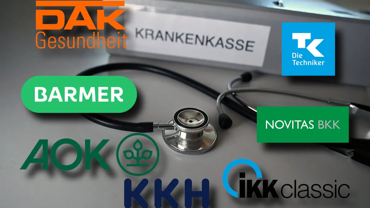 ACHTUNG FOTOMONTAGE: Themenfoto:Krankenkassenreform der Bundesregierung. Gesetzliche Krankenkassen in Deutschland im Vergleich: Logos von DAK Gesundheit, Techniker Krankenkasse TK, Barmer, AOK, KKH, IKK classic und Novitas BKK vor medizinischem Hintergrund mit Stethoskop. *** ATTENTION: PHOTOMONTAGE Thematic photo: The Federal Governments health insurance reform A comparison of statutory health insurance plans in Germany Logos of DAK Gesundheit, Techniker Krankenkasse TK, Barmer, AOK, KKH, IKK classic, and Novitas BKK against a medical background featuring a stethoscope