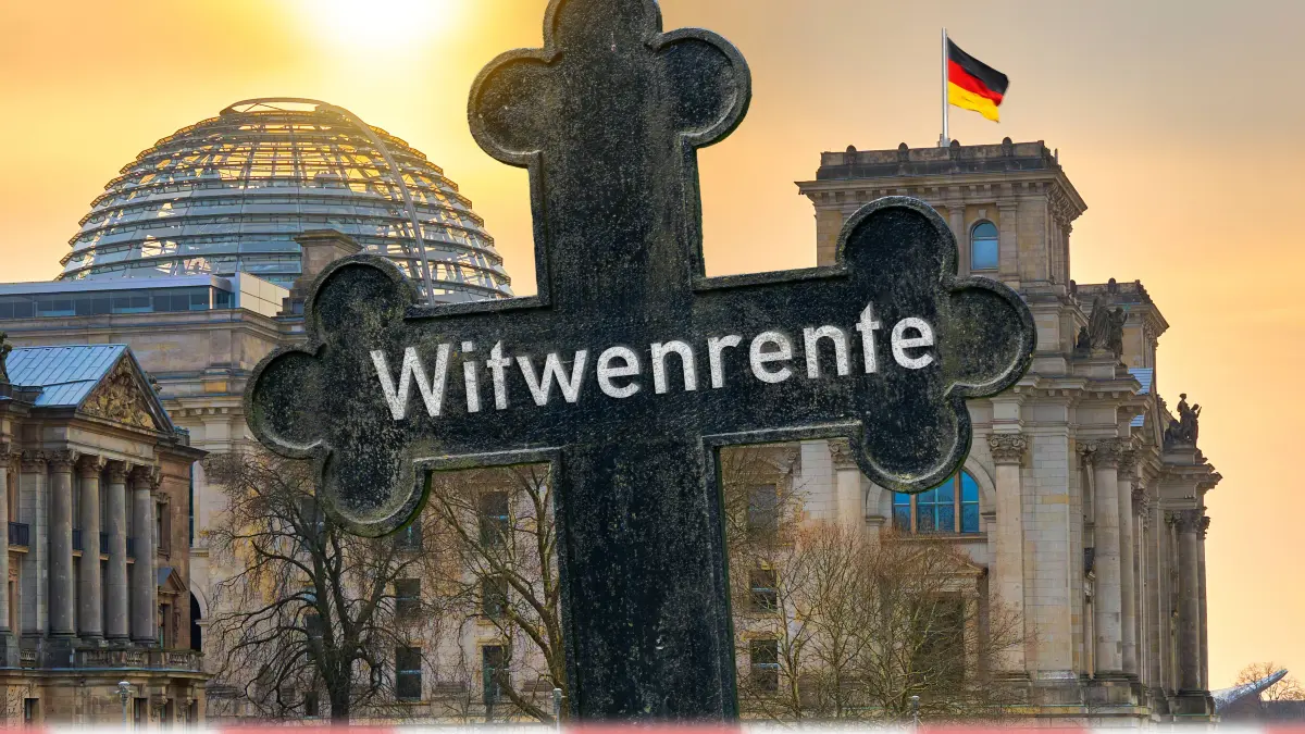 Germany, July 7, 2026: PHOTOMONTAGE. A grave cross bearing the inscription Widows Pension in front of the Reichstag building symbolizes the current debate over reforming or possibly ending the widows pension. The image represents social policy, pension entitlements, and political decisions in Germany. *** FOTOMONTAGE, Ein Grabkreuz mit der Aufschrift Witwenrente vor dem Reichstagsgebäude symbolisiert die aktuelle Debatte um Reform oder mögliches Ende der Witwenrente. Das Bild steht für Sozialpolitik, Rentenansprüche und politische Entscheidungen in Deutschland.