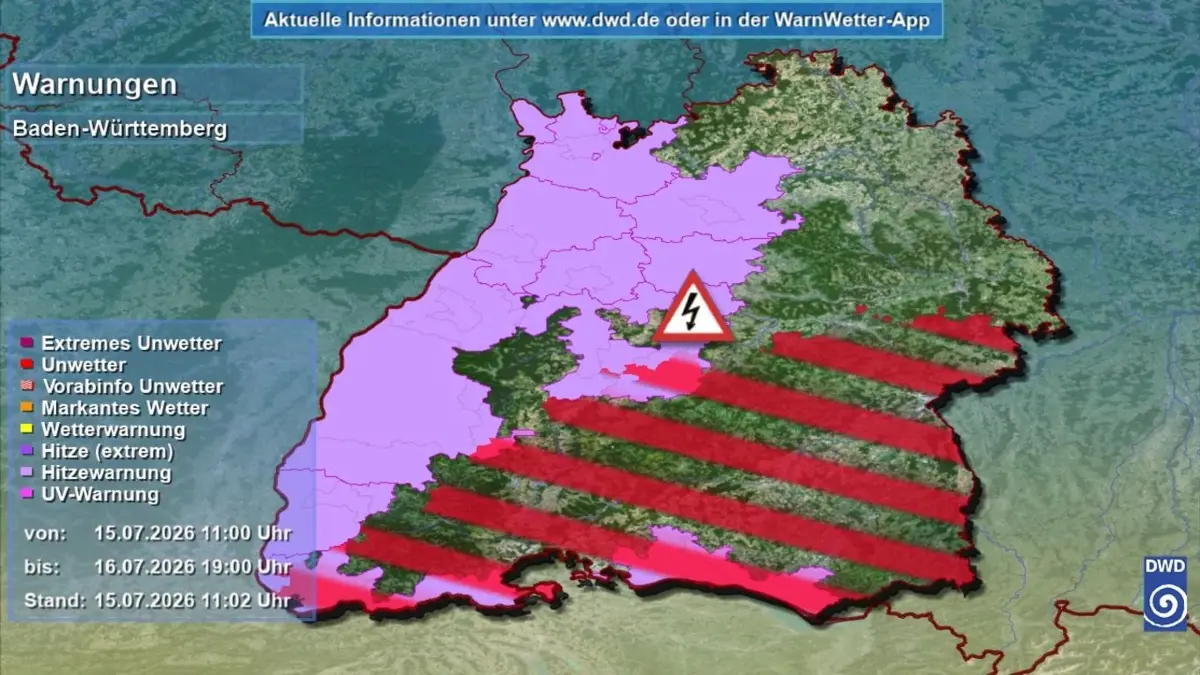 Die Warnkarte für Baden-Württemberg.