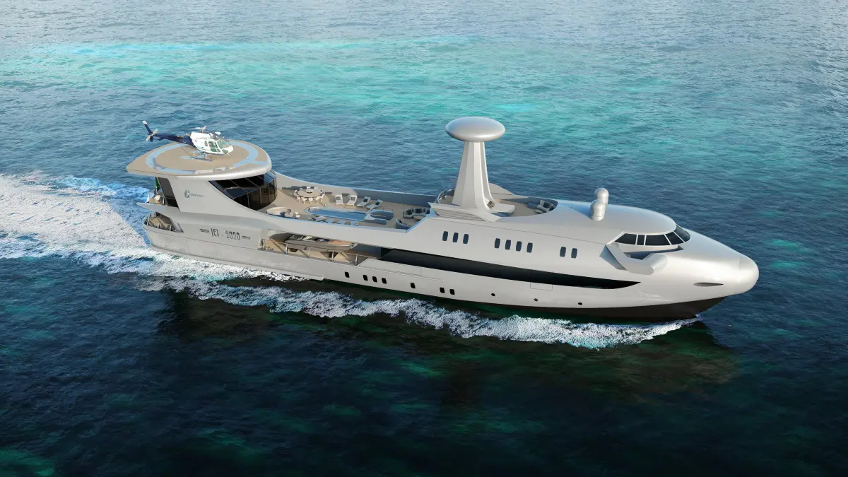 January 25, 2020: A stunning new superyacht that could be mistaken for an airplane has been announced. ..The Codecasa Jet 2020 vessel takes design cues from the sleek fuselage of passenger planes. ..Italian company Codecasa Shipyards say they are aiming to set a new trend in the luxury boatbuilding industry, explaining: oeWho said that sea and sky can just meet on the horizon ..The 70-metre yacht, from designer Fulvio Codecasa, features a large sun deck, with the preliminary project stating a total length of approximately 20 metres and a width of around 10 metres. The deck is provided with all comforts and facilities required to live at sea in total relaxation, such as a recessed 6x2 metre swimming pool, large sunbathing mattresses and a covered gymnasium. ..The sun deck has also a Beach Club, at the sea level, served by a l PUBLICATIONxINxGERxSUIxAUTxONLY - ZUMAc218 20200125ziac218013 Copyright: xCOVERxImagesx