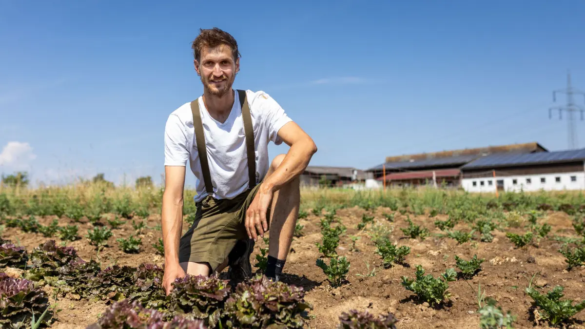 Landwirt Till Brodbeck: Stuttgart, Baden-Württemberg, 16.07.2026:
Landwirt Till Brodbeck auf seinem Hof in Stuttgart-Möhringen
Im Bild: Till Brodbeck auf einem Gemüsefeld
Notiz: No model release. Kein Einverständnis für Werbung, keine Weitergabe an Dritte.
