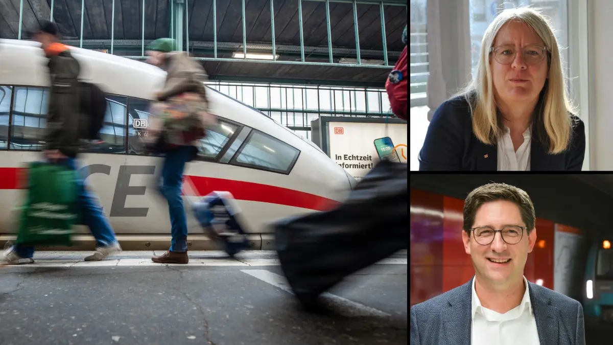 Collage zeigt einen ICE im Hauptbahnhof Stuttgart und Dirk Rothenstein, der auf Clarissa Freundorfer als Konzernbevollmächtiger der Deutschen Bahn in Baden-Württemberg folgt