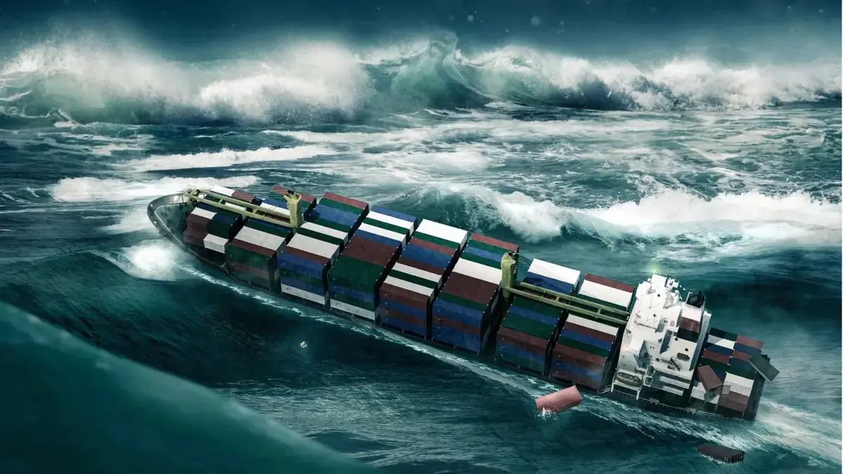 Ein Containerschiff wird in einem Sturm von einer Riesenwelle getroffen (Simulation).