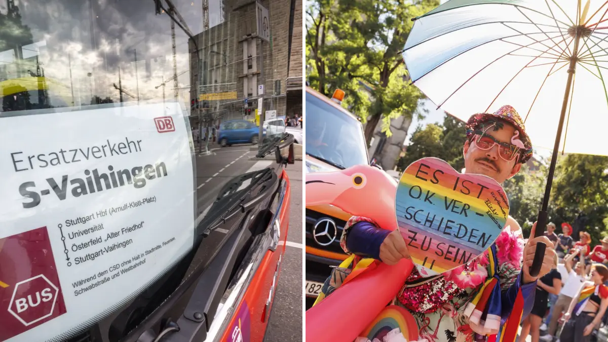 Collage. Schienenersatzverkeh und CSD in Stuttgart