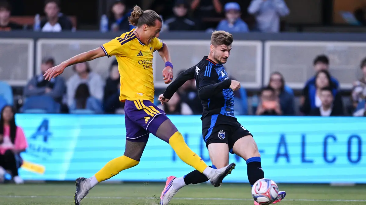 San Jose Earthquakes v Orlando City SC: SAN JOSE, CALIFORNIA - JULY 22: Timo Werner #11 of San Jose Earthquakes is challenged by Griffin Dorsey #24 of Orlando City during the MLS match between San Jose Earthquakes and Orlando City SC at PayPal Park on July 22, 2026 in San Jose, California. Brandon Vallance/Getty Images/AFP (Photo by Brandon Vallance / GETTY IMAGES NORTH AMERICA / Getty Images via AFP)
