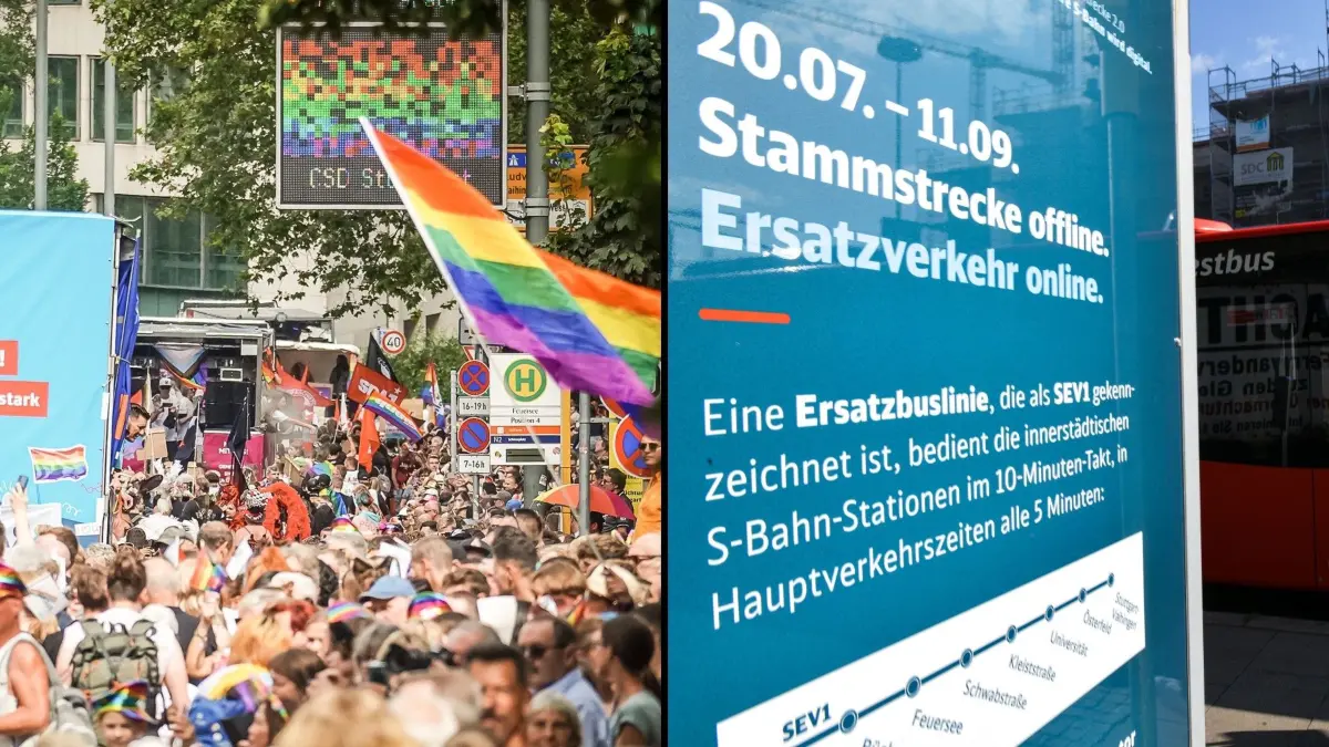 Bildkombo zeigt den CSD in Stuttgart im Jahr 2024 und einen Hinweis auf die aktuelle Stammstreckensperrung