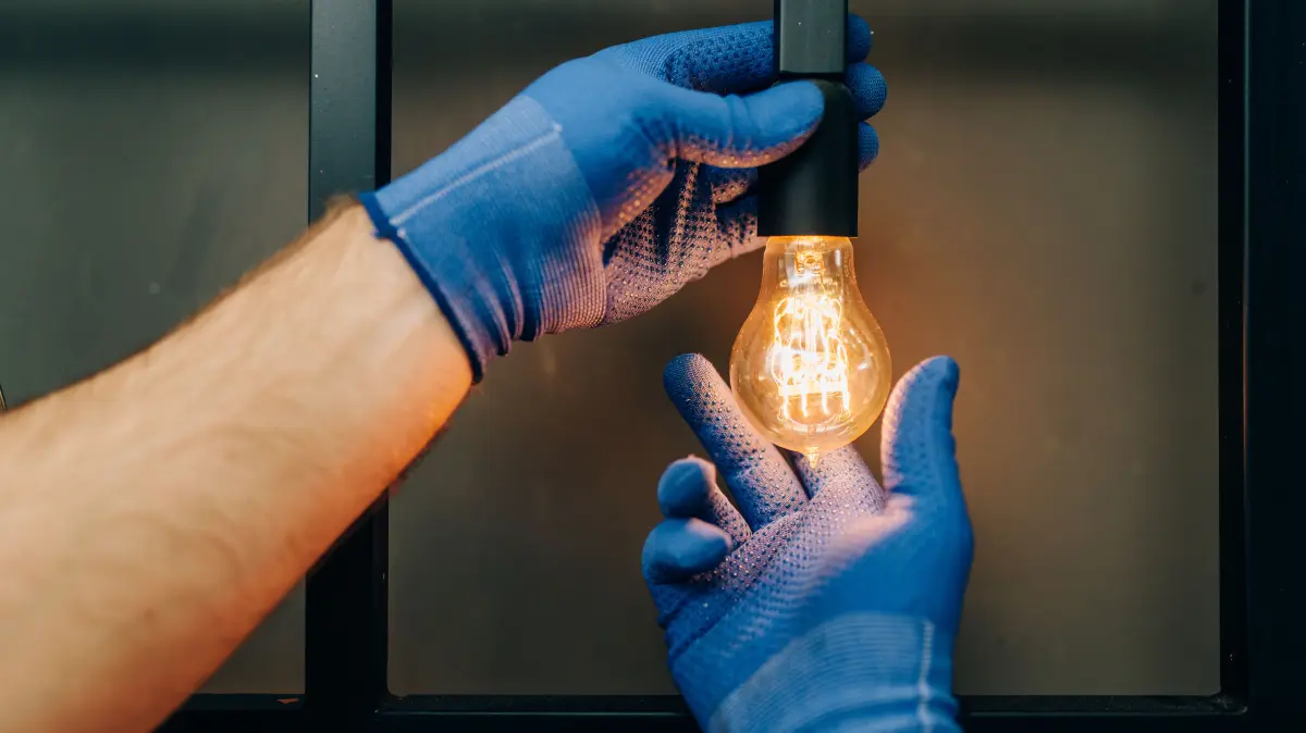 Electrician in uniform replaces the light bulb, handyman. Professional worker makes repairs around the house, home repairing service