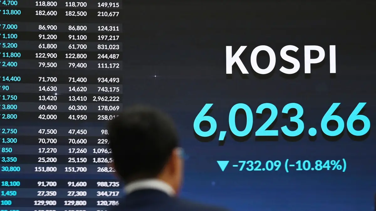 : A man looks at a stock index board showing South Korea's benchmark stock index (KOSPI) after the close of trading in Seoul on July 28, 2026. South Korea's Kospi collapsed almost 11 percent on July 28 as tech took a battering on another black day for Asian stock markets, with a report of a breakthrough in China's chip industry compounding worries about the longevity of the AI boom. (Photo by GREG BAKER / AFP)