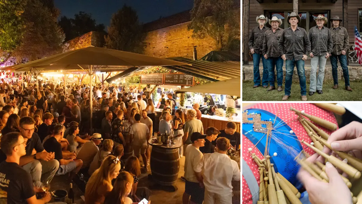 Genuss für alle Sinne: beim Weindorf in Kirchheim (links), beim Live-Konzert auf der Waldbühne Zollberg und beim Aktionstag Handwerk im Freilichtmuseum Beuren.