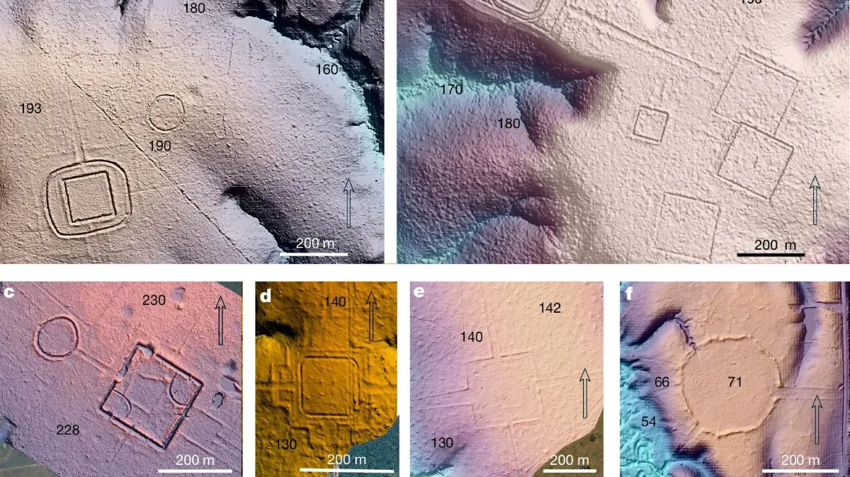 Verschiedene Erdwerkstypen mit ihren topographischen Kontexten.; Schummerung und Farben wurden auf digitale Geländemodelle angewendet; kursiv gedruckte Zahlen geben die relative Höhe (Meter über dem Meeresspiegel) an, die aus diesen Modellen abgeleitet wurde.
