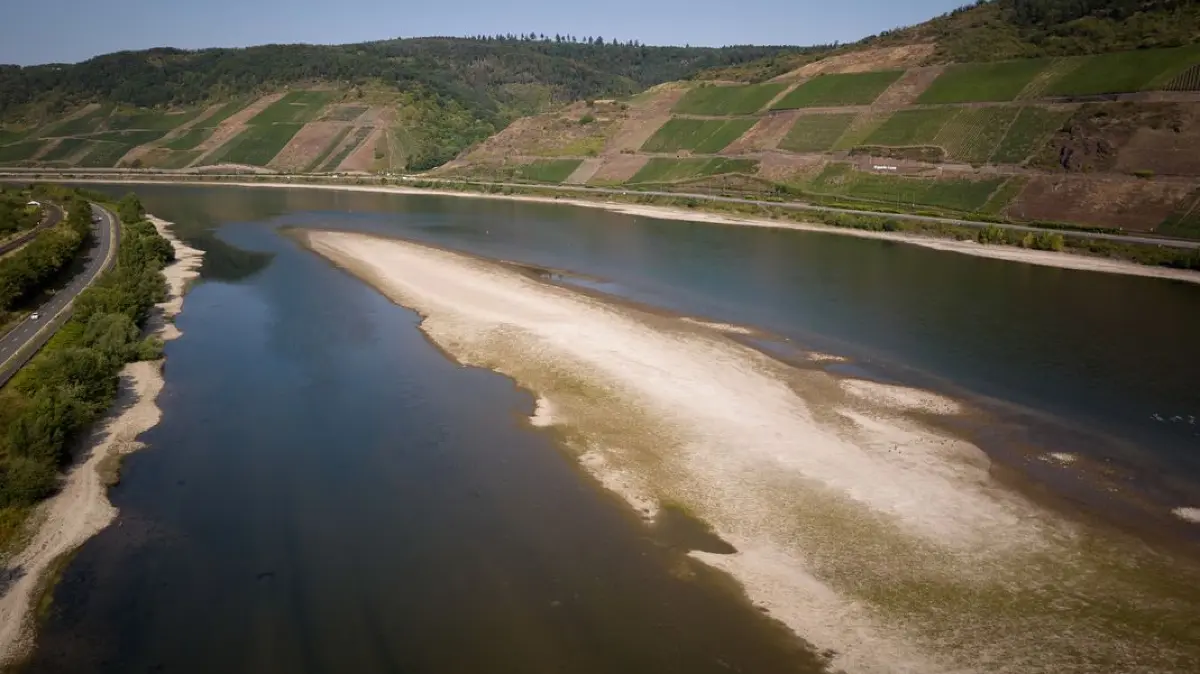 Sandbänke sind zu sehen am Rhein bei Osterspai. Hitze und Trockenheit führten zu einem extremen Niedrigwasser, das inzwischen auch die Schifffahrt beeinträchtigt. (Luftaufnahme mit einer Drohne)