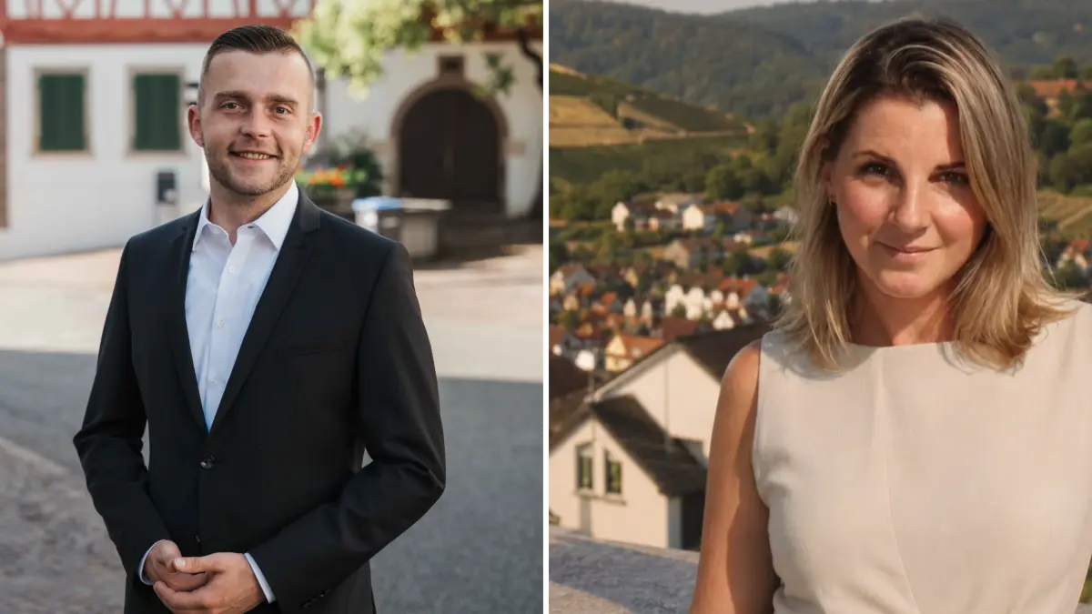 links Max Wieland, rechts Caroline Lovell, Kandidaten Bürgermeisterwahl Beilstein