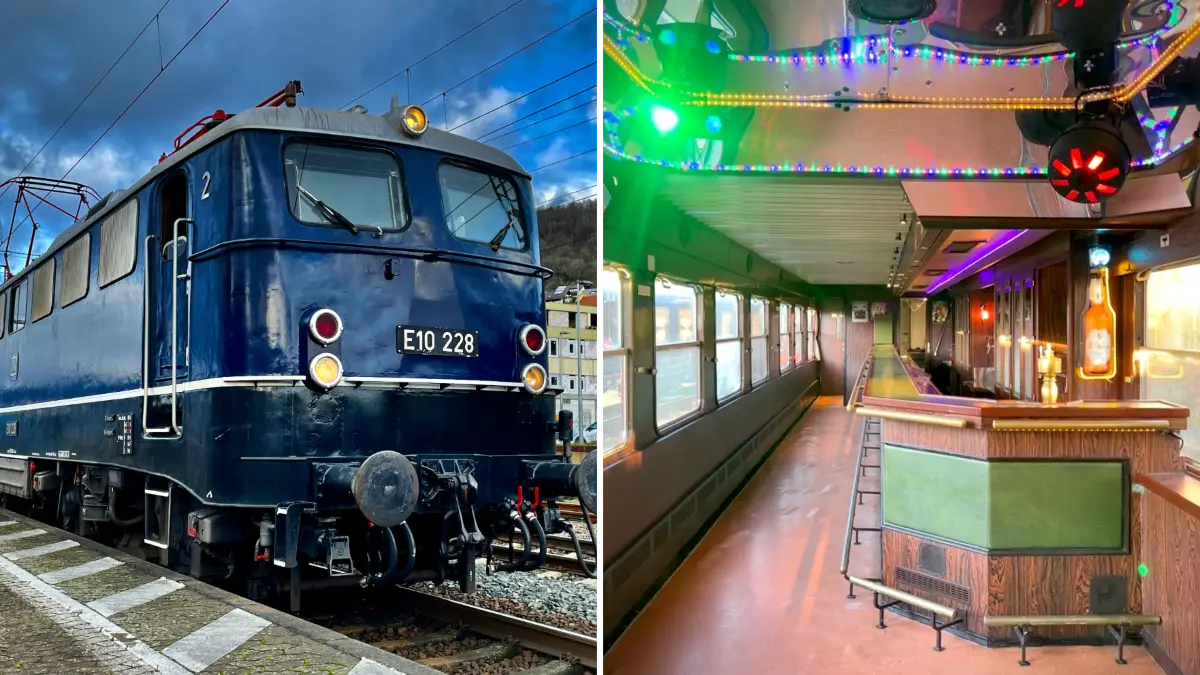 Historische Elektrolok 110228 der DBK Historische Bahn und der Barwagen der Classic Courier