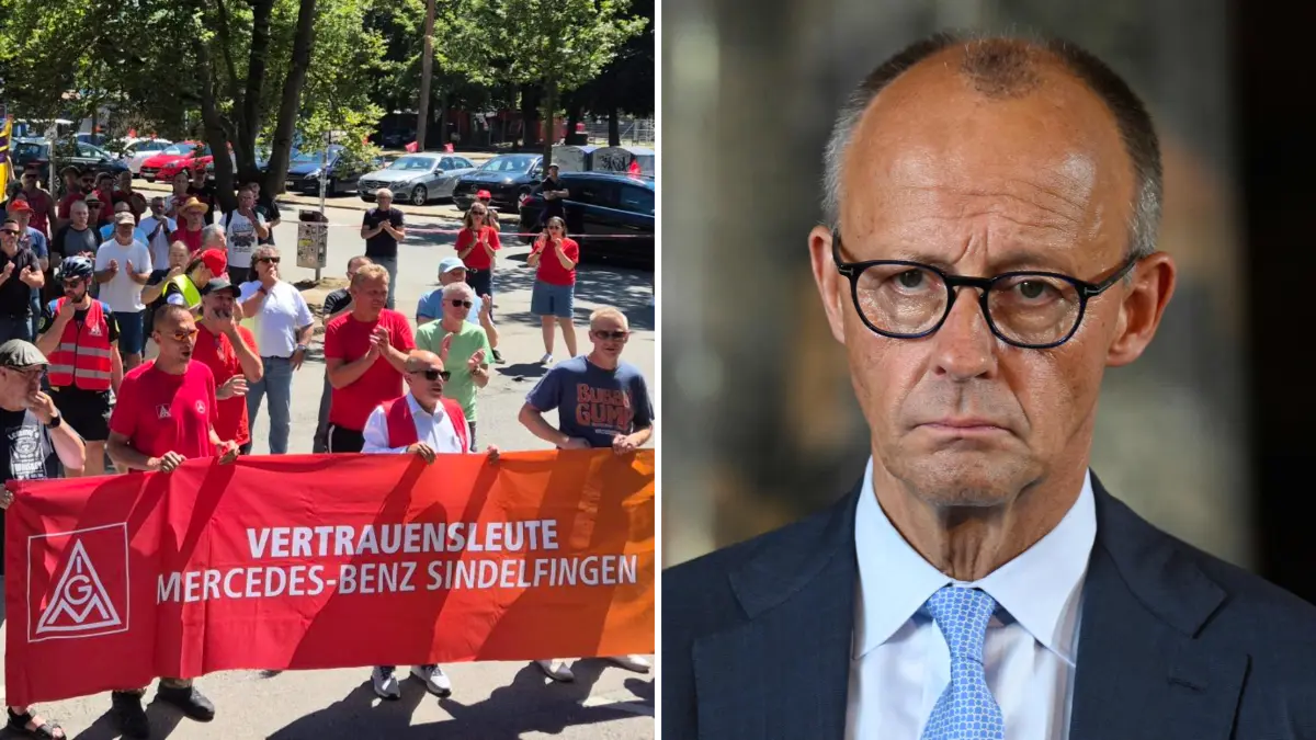 Die Mercedes-Vertrauenskörperleitungen kritisieren Kanzler Friedrich Merz. Das Bild zeigt Demonstranten bei einer Kundgebung im Juli am Stuttgarter Fernsehturm, die sich unter anderem gegen die Reformpläne der Regierung richtete.