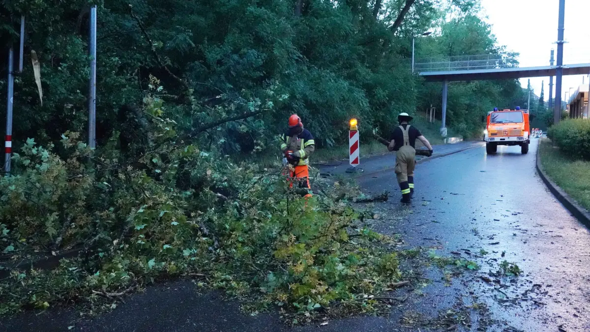 Stuttgart um 20.10 bis 21.00 Uhr ging ein schweres Unwetter nieder. Um 20.10 Uhr blitze ueber S-Feuerbach. In der Kaltentaler Abfahrt in vaihingen Baum ueber die Strasse. Am Birkenkopf 1 Meter teil die Strasse unterwasser gewesen die POlizei von Motororad Staffel haben den Gully mit der Hand frei bekommen. In der Moehringerstrasse ist Baum zamt Wurzel umgekippt. Die Feuerwehr hat viele Einsaetze. Foto Andreas Rosar Fotoagentur-Stuttgart 31.07.2026
