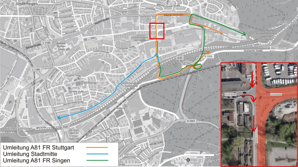 Umleitung während des zweiten Bauabschnitts der Sanierung der Eschenbrünnlestraße (Stadt Sindelfingen)