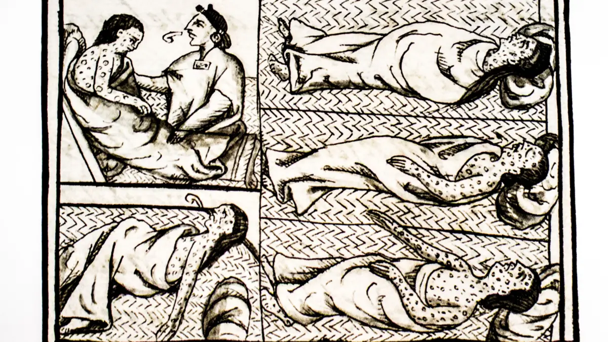 Die Einwohner der aztekischen Stadt Tenochtitlan sterben zu Tausenden an Pocken, die von spanischen Erobern nach Mittelamerika gebracht wurden (Auszug aus dem Florentine Codex, 16. Jahrhundert).