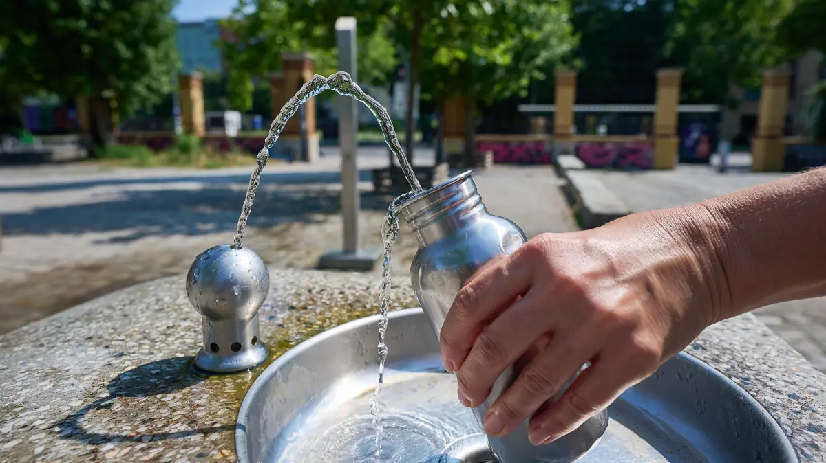 Trinkwasserbrunnen in Berlin: Trinkwasserbrunnen im Berliner Mauerpark im Bezirk Prenzlauer Berg (Foto vom 03.08.2026). Der Deutsche Wetterdienst (DWD) hat fuer weite Teile Deutschlands eine amtliche Hitzewarnung herausgegeben.